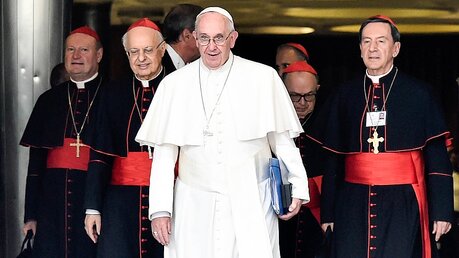 Papst Franziskus auf dem Weg zur Pressekonferenz am 09.10.15 / © Romano Siciliani (KNA)