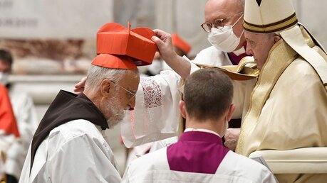 Raniero Cantalamessa, Prediger des päpstlichen Hauses, erhält von Papst Franziskus das Kardinalsbirett / © Vatican Media/Romano Siciliani (KNA)
