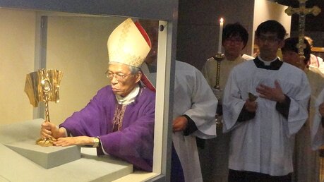 Erzbischof Okada positioniert die Reliquie / © Meiering (Erzbistum Köln)