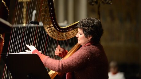Ungewöhnliche Klänge im Dom: Für eine meditative Stimmung sorgt Harfenistin Ute Blaumer / © Beatrice Tomasetti (DR)