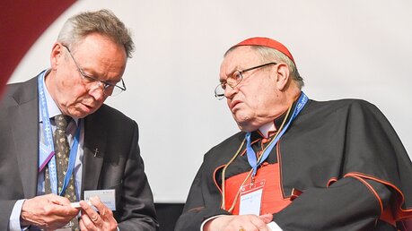 Wolfgang Bretschneider (l.) im Dialog mit Karl Kardinal Lehmann / © Jörg Loeffke (KNA)