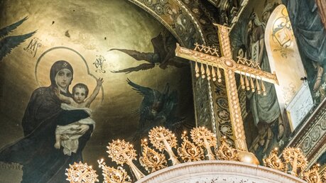 Fresko der Muttergottes mit Jesuskind in der ukrainisch-orthodoxen Kathedrale Wladimir in Kiew / © Andrey Lomakin (KNA)