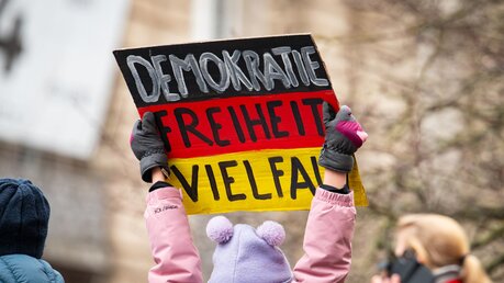 Demokratie - Freiheit - Vielfalt steht auf einem Schild in den Farben schwarz, rot und gold bei einer Demonstration gegen Rechtsextremismus / © Jonas Walzberg (dpa)