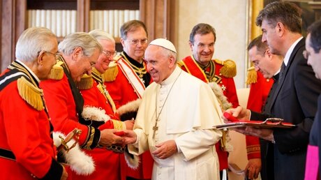 Papst Franziskus (m.) begrüßt Vertreter des Malteserordens während einer Audienz am 23. Juni 2016 im Vatikan. / © N.N. (KNA)
