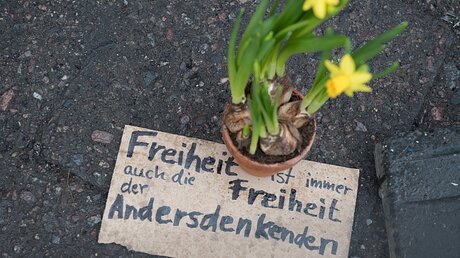 Berlin: Eine Blume und ein Stück Karton mit einer Botschaft sind vor einer Moschee an der Kühleweinstraße in Reinickendorf zu sehen. / © Paul Zinken (dpa)
