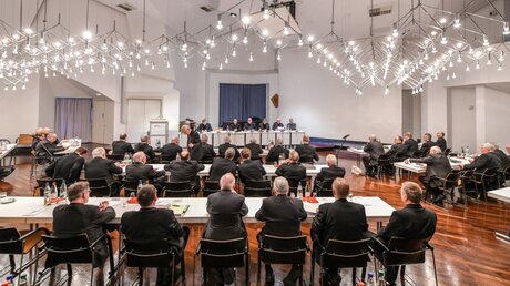 Bischöfe im Sitzungssaal bei der Frühjahrsvollversammlung / © Harald Oppitz (KNA)