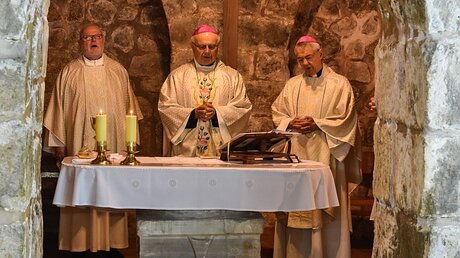 Alt-Erzbischof Zollitsch (m.) bei Eucharistiefeier in Grabeskirche / © Harald Oppitz (KNA)