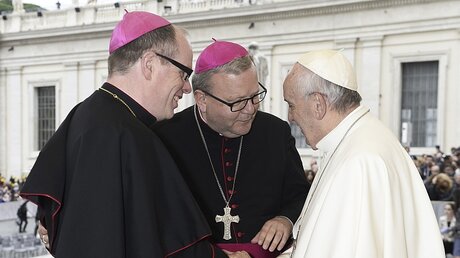 Bischof Franz-Josef Bode (M.) im Gespräch mit Papst Franziskus / © Romano Siciliani (KNA)