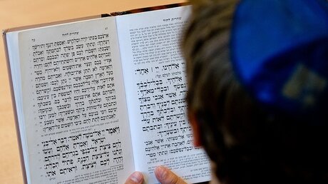 Ein Schüler mit Kippa schaut in ein jüdisches Gebetsbuch / © Daniel Bockwoldt (dpa)