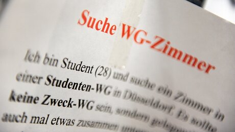 Ein Zettel mit der Aufschrift "Suche WG-Zimmer" hängt an einem Schwarzen Brett in der Universität in Düsseldorf / © Daniel Naupold (dpa)