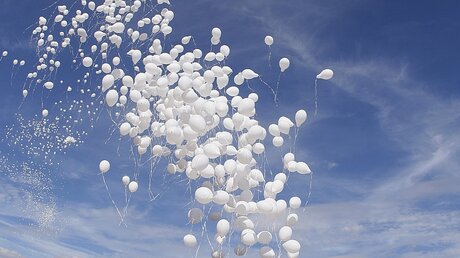 Weiße Luftballons steigen in den Himmel / © Thomas Frey (dpa)