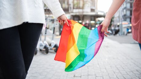 Homosexuelles Paar mit Regenbogenfahne / © OMP.stock (shutterstock)