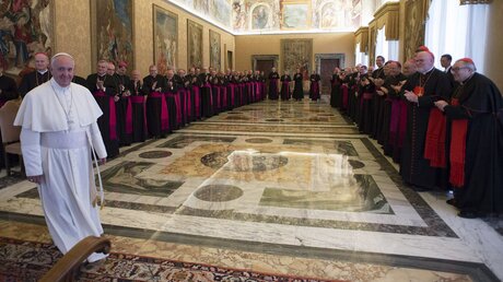 Vom 16. bis zum 20. November 2015 absolvierten die 67 deutschen Bischöfe ihren turnusgemäßen Ad-limina-Besuch in Rom / © Osservatore Romano (KNA)
