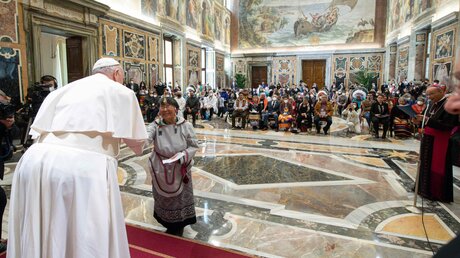  Delegation von Indigenen und Papst Franziskus
 / © Vatican Media/Romano Siciliani (KNA)
