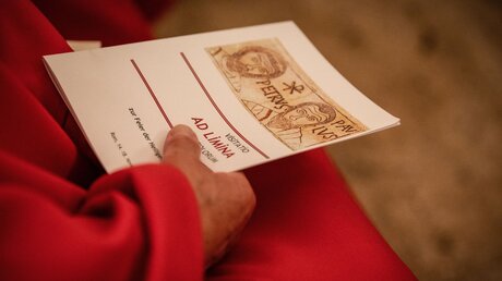 Ein Bischof hält einen Flyer mit der Aufschrift Ad limina zur Feier der Heiligen Messe in den Händen beim Ad-limina-Besuch deutscher Bischöfe / © Cristian Gennari/Romano Siciliani (KNA)