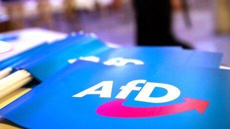 Fähnchen mit dem Logo der AfD liegen auf einem Tisch / © Daniel Karmann (dpa)