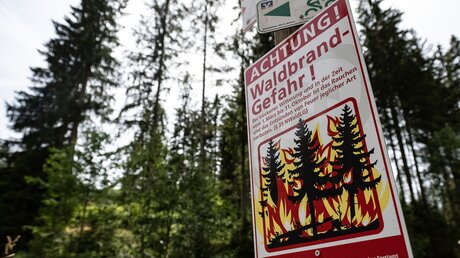 Ein Schild Waldbrand-Gefahr steht an einem Waldweg / © Swen Pförtner (dpa)