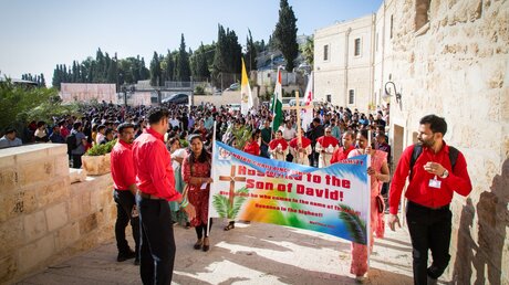 Indische und srilankische Christen feiern Palmsonntag in Jerusalem. Die Prozession zieht über den Ölberg. / © Andrea Krogmann (KNA)