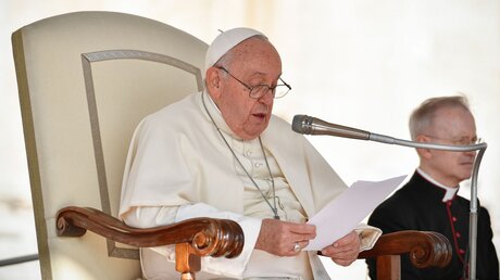 Papst Franziskus spricht bei der Generalaudienz am 11. Oktober 2023 im Vatikan / © Vatican Media/Romano Siciliani/KNA (KNA)