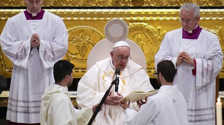 Papst Franziskus spricht während einer Messe im Nationalheiligtum von Saint Anne de Beaupre / © John Locher/AP (dpa)