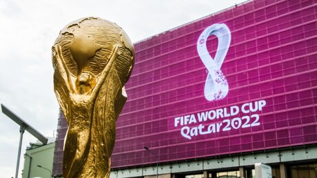 WM-Trophäe vor dem FIFA World Cup 2022 Logo / © fifg (shutterstock)