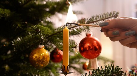 Kerze am Weihnachtsbaum / © Bernd Weißbrod (dpa)