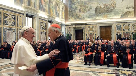 Papst Franziskus ist am 15. März 2013 in der Clementine-Halle im Vatikan mit den Kardinälen zusammen getroffen.  (KNA)