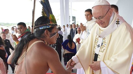 Der Vertreter einer Gemeinschaft Indigener und Papst Franziskus  / © L'osservatore Romano/L'Osservatore Romano pool (dpa)
