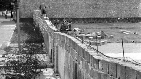 Volkspolizisten und Arbeiter der DDR beim Errichten der Berliner Mauer im Norden Berlins an der Grenze zum Westberliner Bezirk Reinickendorf (dpa)