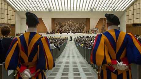 Mitglieder der Päpstlichen Schweizergarde in der Audienzhalle / © Osservatore Romano/Romano Siciliani (KNA)