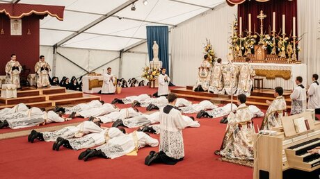 Niederwerfung während einer Weihe der Priesterbruderschaft St. Pius X. / © Jean-Matthieu Gautier (KNA)