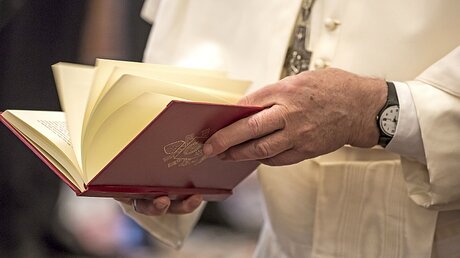 Papst Franziskus blättert in einer Enzyklika / © Stefano dal Pozzolo/Pool Vatican/Romano Siciliani (KNA)
