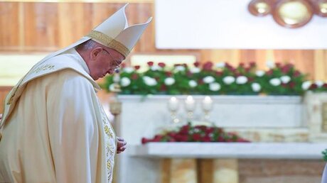 Papst Franziskus in der chaldäisch-katholischen Kathedrale Sankt Josef  / © Vatican Media (KNA)