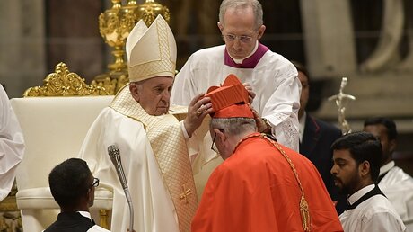 Papst Franziskus setzt Jean-Claude Hollerich, Erzbischof von Luxemburg, das Birett auf / © Paolo Galosi (KNA)