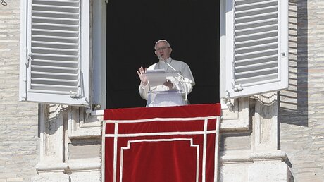 Papst Franziskus spricht das Angelusgebet von einem Fenster auf dem Petersplatz / © Gregorio Borgia (dpa)