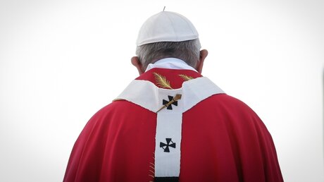 Papst Franziskus trägt ein rotes Gewand, ein Pileolus und das Pallium / © Paul Haring (KNA)