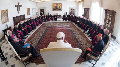 Papst Franziskus mit den chilenischen Bischöfen / © L'Osservatore Romano/AP (dpa)