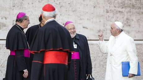 Franziskus mit Bischöfen und Kardinälen / © Carconi (dpa)
