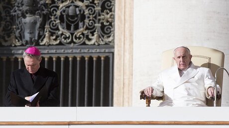 Generalaudienz mit Papst Franziskus und Erzbischof Gänswein (l.) / © Claudio Peri (dpa)