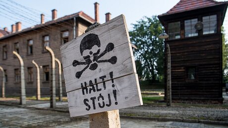 Schild mit der Aufschrift "Halt!" in deutscher und polnischer Sprache in der KZ-Gedenkstätte Auschwitz / © Monika Skolimowska (dpa)