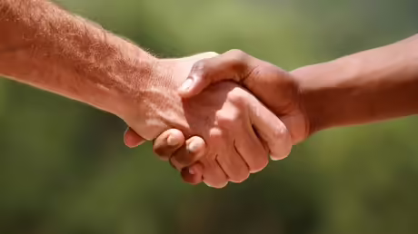 Zwei H&auml;nde reichen sich zum Friedensgru&szlig; / &copy; mikeledray (shutterstock)