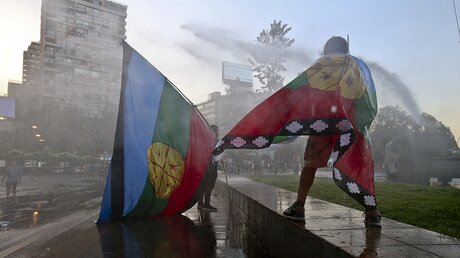 Zwei Demonstranten mit Mapuche-Fahnen / © Esteban Felix (dpa)