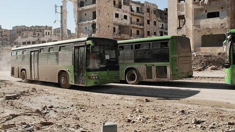 Mit Bussen werden die Einwohner Aleppos aus der zerbombten Stadt gebracht / © Ghith Sy/EPA (dpa)