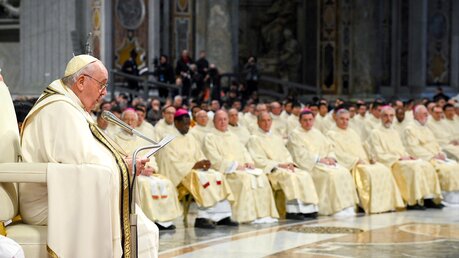 Papst Franziskus spricht während der Messe zum Fest Erscheinung des Herrn (Dreikönige) am 6. Januar 2023 im Petersdom im Vatikan. / © Vatican Media/Romano Siciliani (KNA)