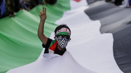 Demonstrant mit einer großen palästinensischen Fahne (Archiv) / © Cecilia Fabiano (dpa)