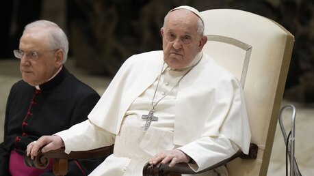 Papst Franziskus sitzt in einem Stuhl bei seiner wöchentlichen Generalaudienz / © Andrew Medichini/AP (dpa)