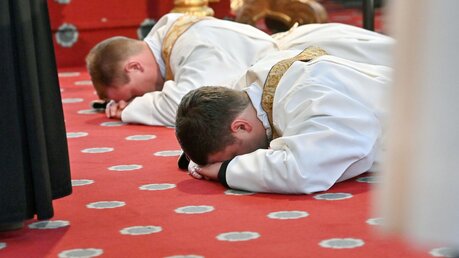 Zwei Weihekandidaten werfen sich während einer Priesterweihe im Dom in Fulda zur Prostratio nieder. / © Arnulf Müller (KNA)