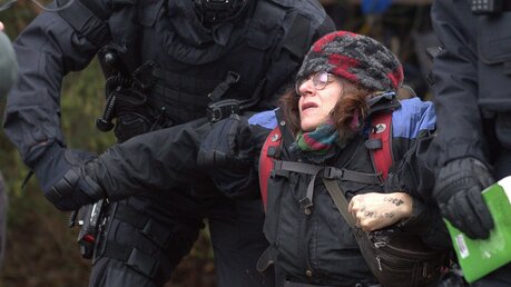 Gudula Frieling wird von Polizisten bei der Räumung von Lützerath weggetragen / © Manuela Hillekamps (privat)