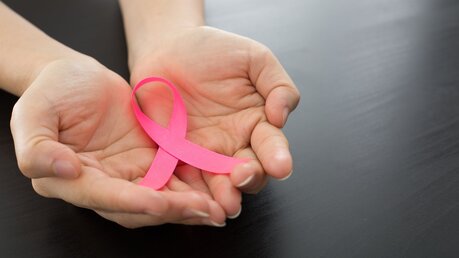 Eine Frau hält eine rosa Schleife als Symbol für Solidarität mit an Brustkrebs erkrankten Menschen in den Händen / © ShutterOK (shutterstock)