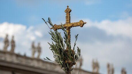 Kruzifix mit Palmzweigen an Palmsonntag auf dem Petersplatz / © Stefano dal Pozzolo (KNA)
